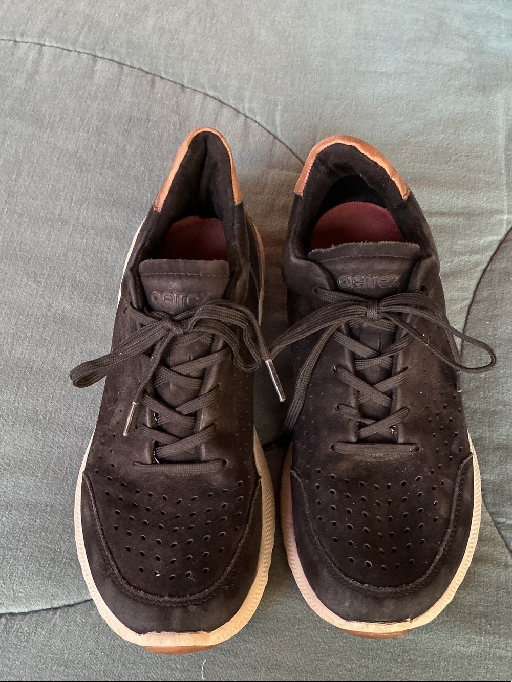 Aetrex Black Suede Sneakers with Tan Trim